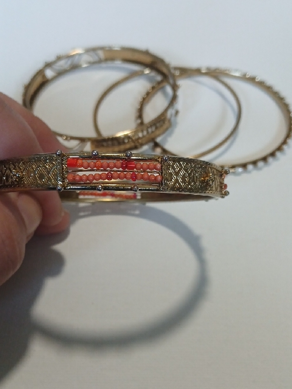Boho Festival Gold-Tone Women's Bangle Bracelet Set with Coral & White Accents - Picture 6 of 16